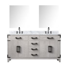 White Oak Double Bath Vanity 60 in. W x 22 in. D, Carrara Marble Top, Faucet Set, and 28 in. Mirrors