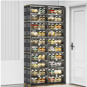 6 Layers Of 24 Pairs Of Hard Plastic Shoe Storage Cabinet, Large Stackable And Foldable Sneaker Shoe Box Storage Cabinet (Attribute: Black2)