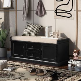 Storage Bench with 2 Drawers and 2 Cabinets,Shoe Bench with Removable Cushion for Living Room,Entryway (Material: Solid Wood, Color: Black)