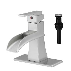Sink Faucet With Deck Plate Waterfall Brushsed with Pop Up Drain and Supply Lines Bathroom faucets for Sink 1 Hole One Handle Faucets Vanity Bath Mixe (Color: as Pic)