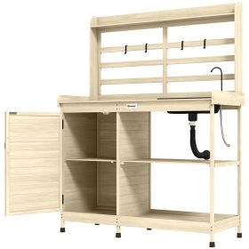 Outsunny Wooden Potting Bench with Storage, Sink, Water Tap for Backyard, Patio, Balcony, Natural (Color: default)