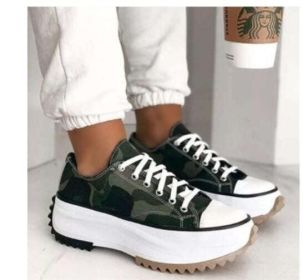 Platform Canvas Lace Up Sneakers (Color: Army Green, size: 11)