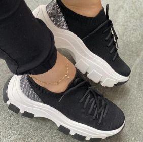 Flying Woven Lace Up Casual Platform Sneakers (Color: Black, size: 6.5)